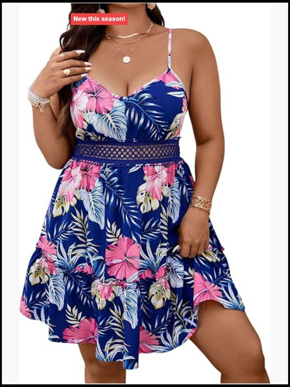 Women's Plus Size Tropical Short Sleeveless Dress Shirred Scoop Neck Flowy